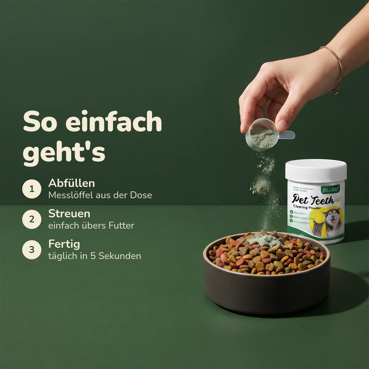 Anwendung: BiteFresh einfach übers Futter streuen